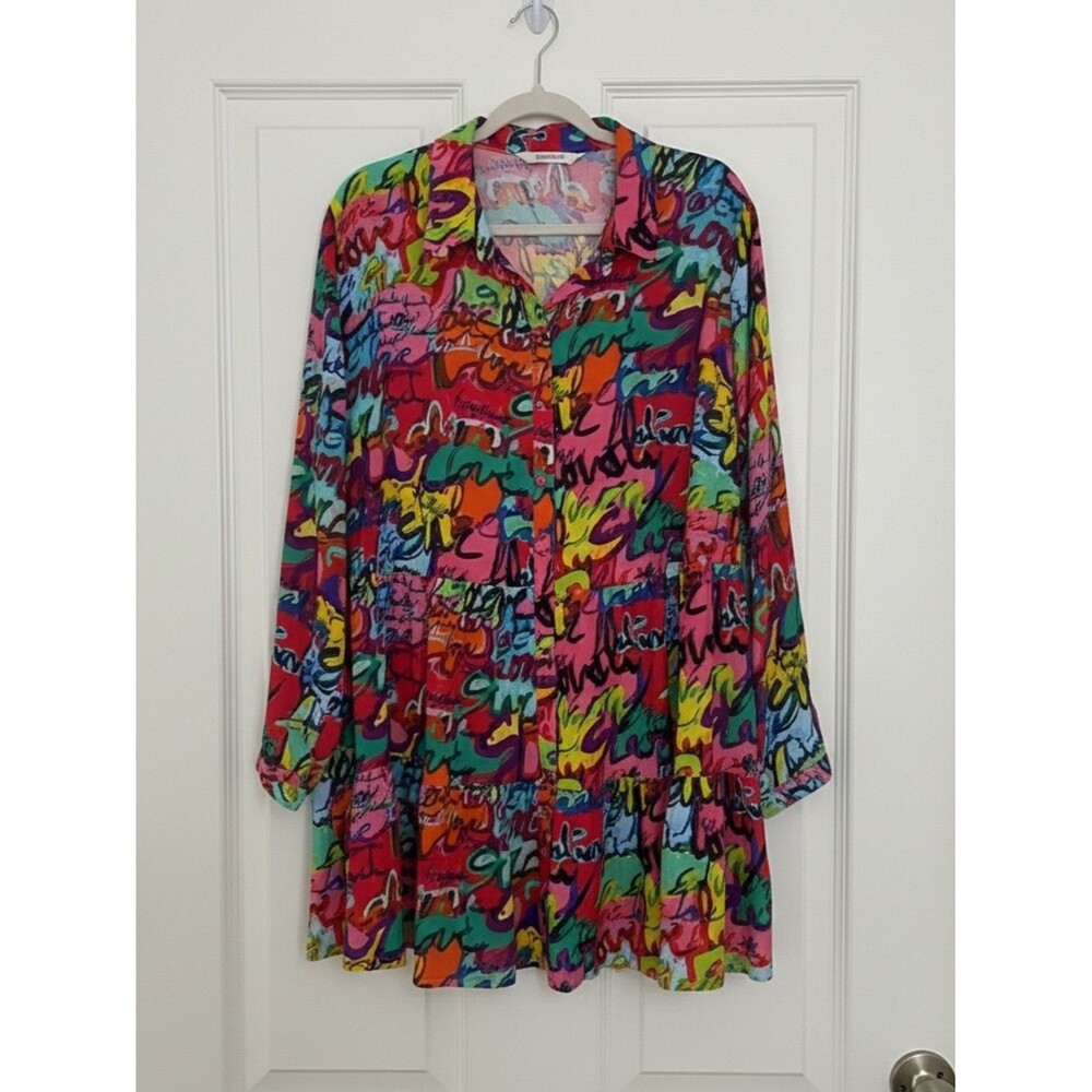 AOS Plus Size Multicolor Graffiti‎ Design Red Blue Green Print Blouse - Size 20